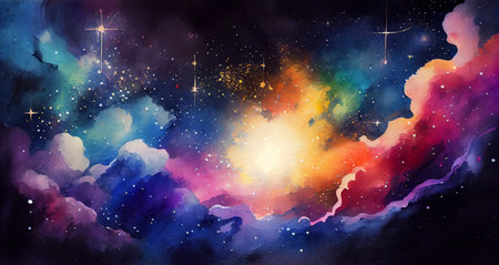 An abstract zodiacal background, in a universe with a million stars, in multicolored tones, drawn in watercolor. Generative AI.の素材