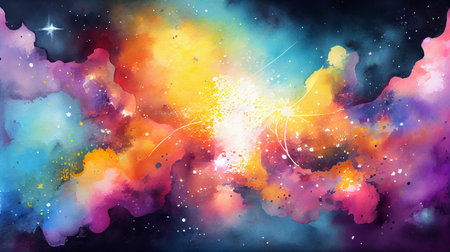 An abstract zodiacal background, in a universe with a million stars, in multicolored tones, drawn in watercolor. Generative AI.の素材