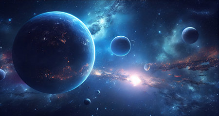 Background of the universe with many stars and planets. Generative AI.の素材