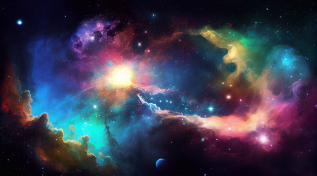 An abstract zodiacal background, in a universe with a million stars, in multicolored tones, drawn in watercolor. Generative AI.の素材