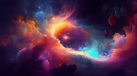 An abstract zodiacal background, in a universe with a million stars, in multicolored tones, drawn in watercolor. Generative AI.の素材