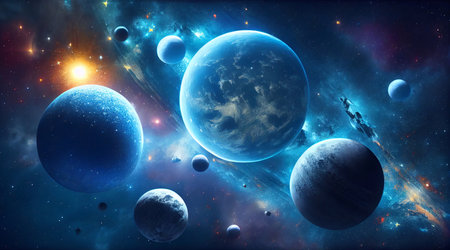 Background of the universe with many stars and planets. Generative AI.の素材