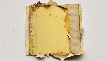 An old yellowed piece of paper or papyrus, top view. Generative AI.の素材