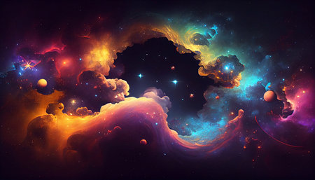 An abstract zodiacal background, in a universe with a million stars, in multicolored tones, drawn in watercolor. Generative AI.の素材