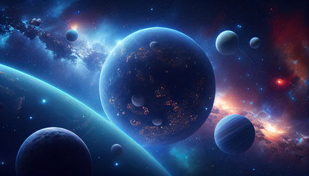 Background of the universe with many stars and planets. Generative AI.の素材