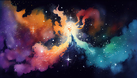 An abstract zodiacal background, in a universe with a million stars, in multicolored tones, drawn in watercolor. Generative AI.の素材