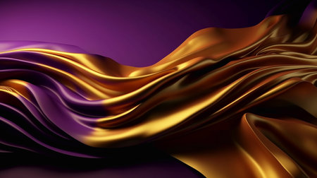 Abstract background with waves of bright gold and purple gradient silk fabric. Generative AI.の素材
