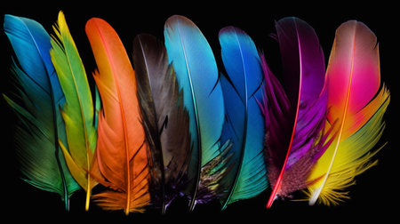 Multicolored feathers, close-up. Generative AI.の素材