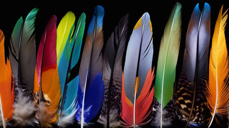 Multicolored feathers, close-up. Generative AI.の素材