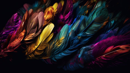 Multicolored feathers, close-up. Generative AI.の素材
