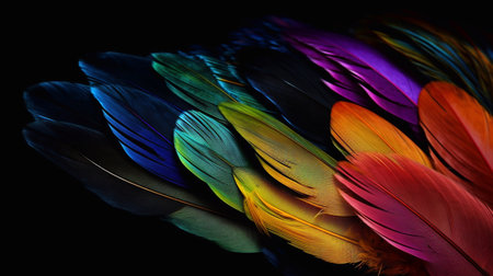 Multicolored feathers, close-up. Generative AI.の素材