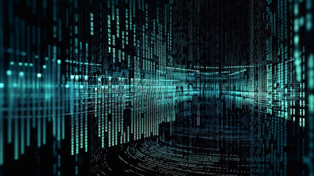 Abstract technical background. Big data binary code futuristic information technology, data flow. Generative AI.の素材