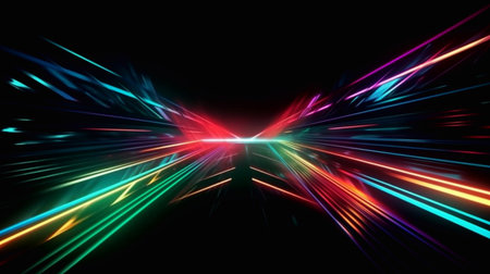 Speed of digital lights, neon glowing rays. Futuristic technology abstract background with lines for network, big data, data center, server, internet, speed. Generative AI.の素材