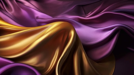 Abstract background with waves of bright gold and purple gradient silk fabric. Generative AI.の素材