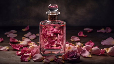 Eau de toilette and perfume. A full bottle of perfume in rosebuds. Generative AI.の素材