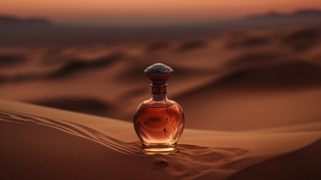 Eau de toilette and perfume. A bottle of perfume with the desert as a backdrop. Generative AI.の素材
