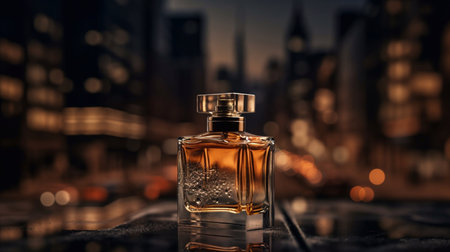 Eau de toilette and perfume. A bottle of perfume on the background of the evening city. Generative AI.の素材