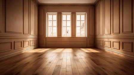 Brown blank wall with decorative panels and wood flooring with highlights. Generative AI.の素材