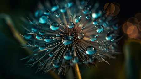 Dandelion seeds in drops of water on a blue and turquoise beautiful background with soft focus. Generative AI.の素材
