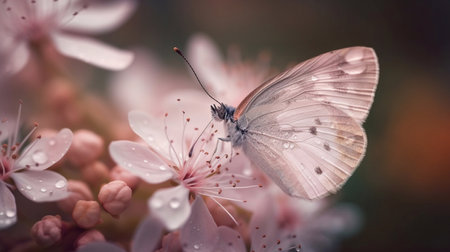 Soft pink romantic natural floral background with butterfly on flower in soft daylight. Generative AI.の素材