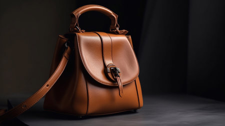 Fashionable women's youth bag in bright brown color on a dark background. Generative AI.の素材