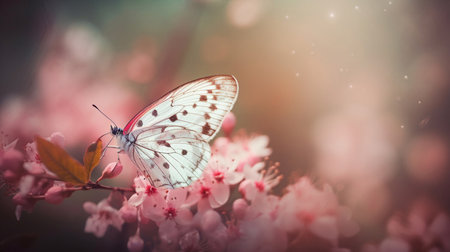 Soft pink romantic natural floral background with butterfly on flower in soft daylight. Generative AI.の素材