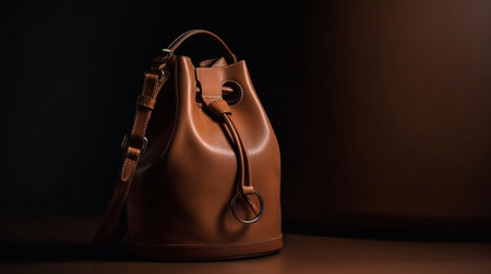 Fashionable women's youth bag in bright brown color on a dark background. Generative AI.の素材