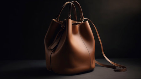 Fashionable women's youth bag in bright brown color on a dark background. Generative AI.の素材