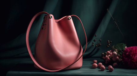 Fashionable leather youth women's bag in bright pink on a gray background. Generative AI.の素材