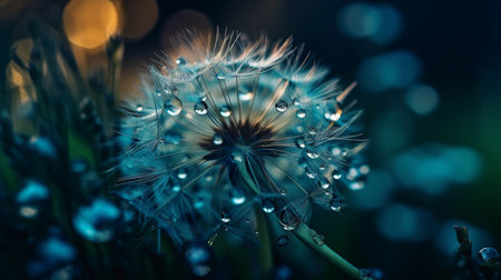 Dandelion seeds in drops of water on a blue and turquoise beautiful background with soft focus. Generative AI.の素材