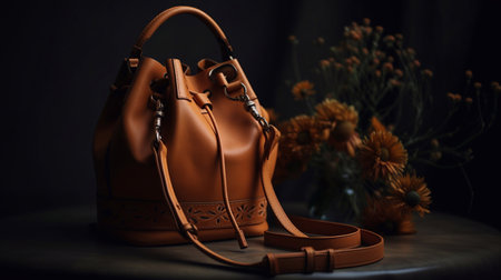 Fashionable women's youth bag in bright brown color on a dark background. Generative AI.の素材