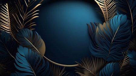 Beautiful luxurious dark blue textured frame with gold and blue leaves. Generative AI.の素材
