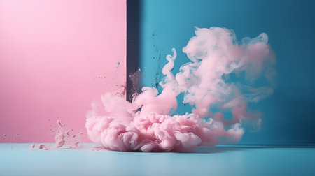A beautiful light blue background with smoke wafting across the floor of the room. Generative AI.の素材