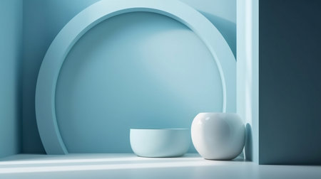 Minimalistic abstract gentle light blue background of the room with a shadow on the wall. Generative AI.の素材