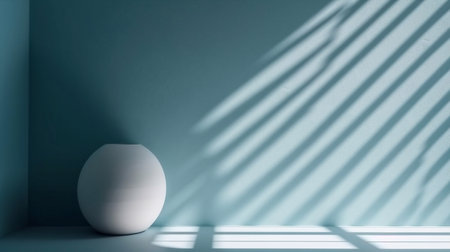 Minimalistic abstract gentle light blue background of the room with a shadow on the wall. Generative AI.の素材