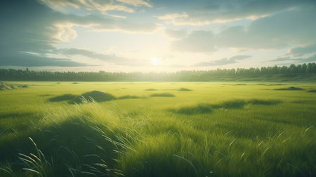 Landscape of a green field with grass against a blue sky with sunshine. Generative AI.の素材