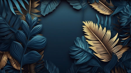 Beautiful luxurious dark blue textured frame with gold and blue leaves. Generative AI.の素材