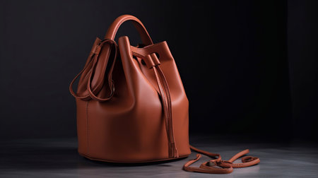Fashionable women's youth bag in bright brown color on a dark background. Generative AI.の素材