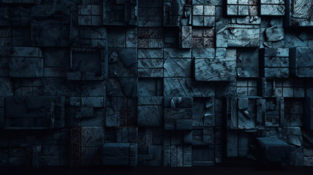 3D rendering of abstract background made of wooden cubes in dark colorsの素材