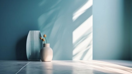 Minimalistic abstract gentle light blue background of the room with a shadow on the wall. Generative AI.の素材