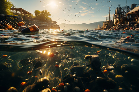 Plastic waste and garbage in the ocean. Pollution of the environment and oceans.の素材