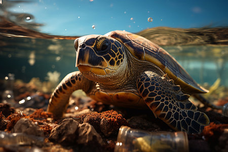 A sea turtle swims among garbage. The concept of environmental protection and water resources.の素材