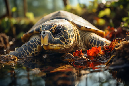 turtle in the water on a background of green leaves and sunの素材