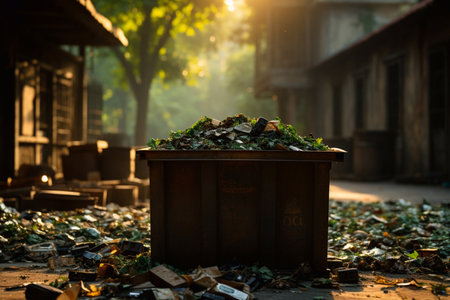 Garbage dump in the park at night. Selective focus.の素材