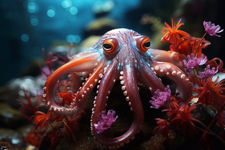 Octopus in the aquarium. Underwater world. 3d illustrationの素材
