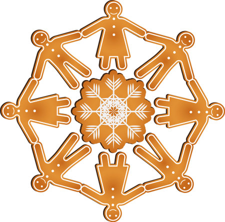 Isolated vector gingerbread men and women hold hands in circle standing on the gingerbread snowflakeのイラスト素材