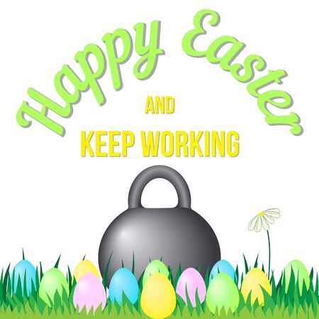 Easter and keep working greeting card with kettle bell and dyed eggs on the grass illustration.のイラスト素材