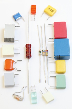 Electronic components  resistors,capacitors  white background.