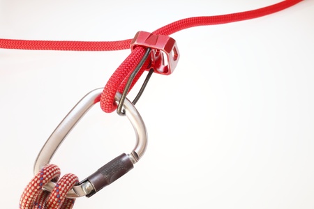 rope on locking or safety aluminum carabiner with tubeの写真素材