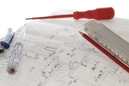 Electrical Equipment On House Plan with white backgroundの写真素材